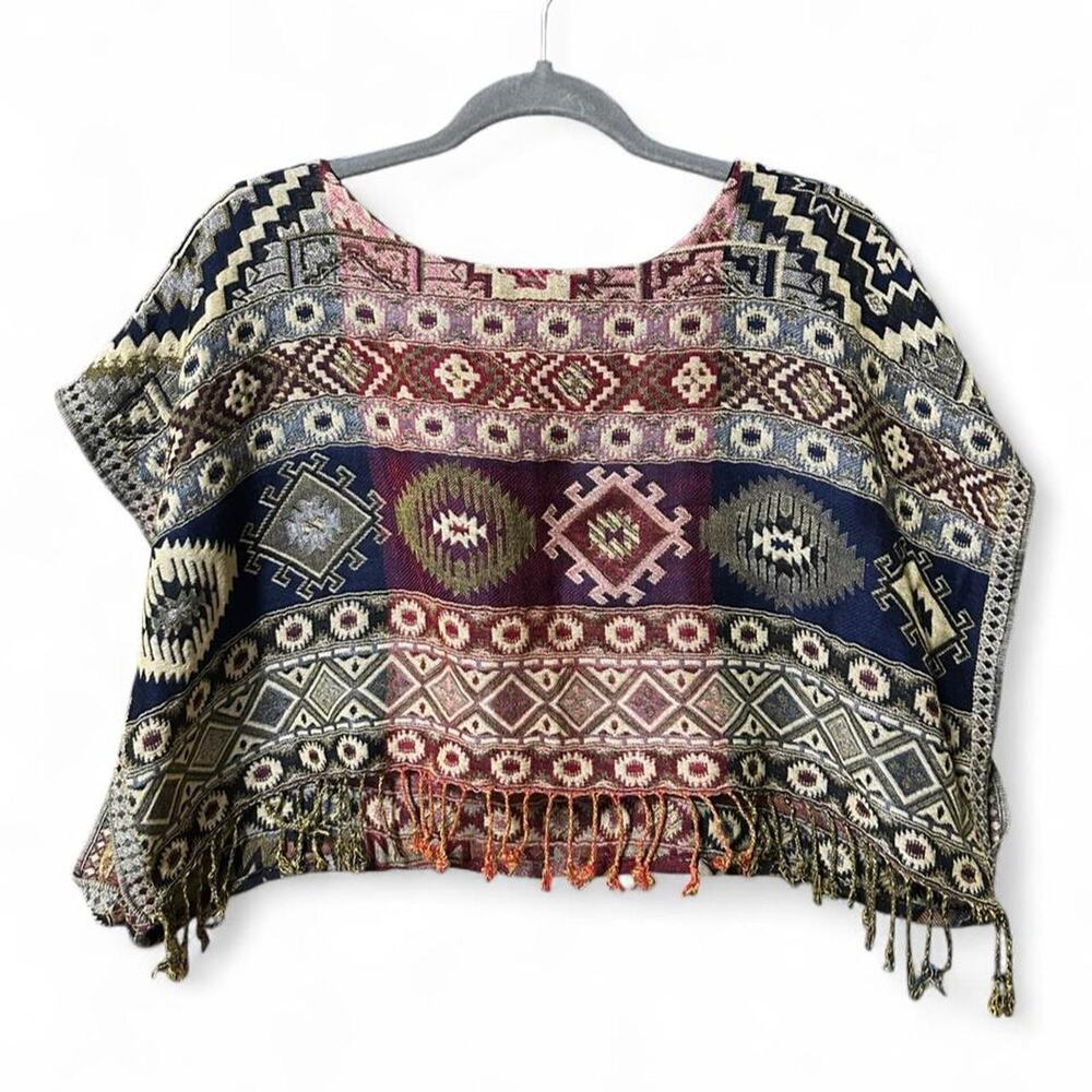 Handmade Mexican woven oversized crop top boho poncho festival hippie